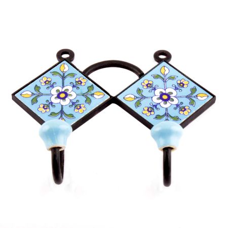 Turquoise Navy Blue Floral Tiles Hooks